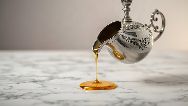 An ornate silver cruet pouring a drop of golden olive oil onto smooth marble.