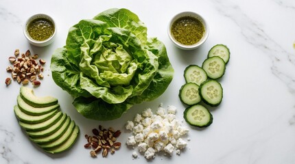 Obraz premium Fresh salad ingredients on white marble table. Head of green lettuce, sliced avocado, cucumber, feta cheese, nuts, two bowls of dressing. Healthy vegan meal prep with raw organic vegetables,