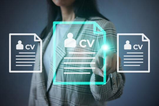 Female HR Manager Touching at Digital Candidate Profile Hologram Virtual Screen