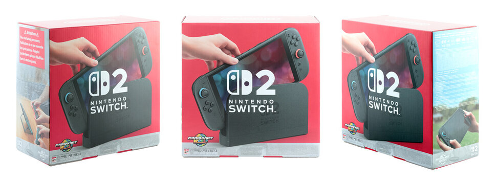 Set of Nintendo Switch 2 gaming console packaging isolated on transparent background. Concept of gaming industry news, product launch, and next generation console
