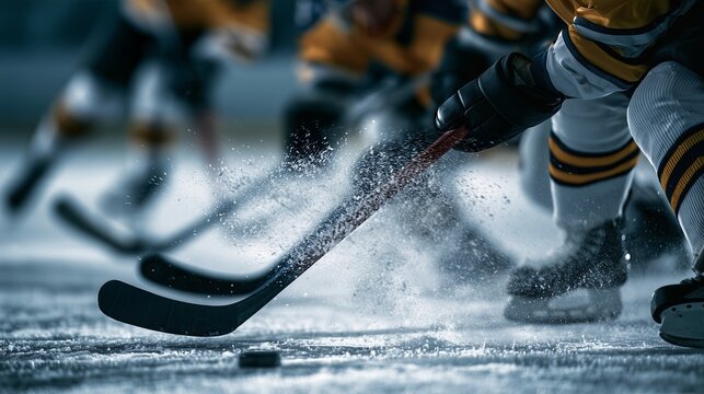 Players participate in a hockey game on an ice rink during a competitive match in an indoor arena