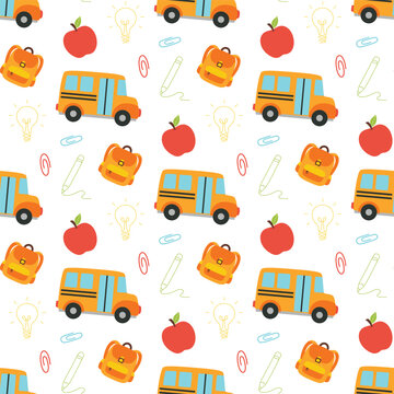 school bus backpack apple seamless pattern