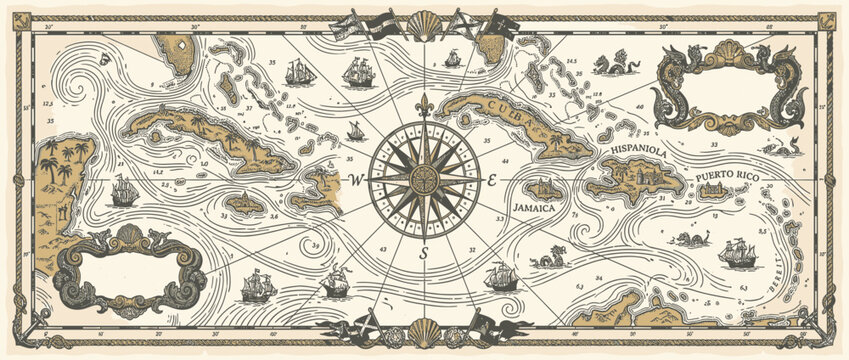 Antique Nautical Map with Compass Rose and Sailing Ships
