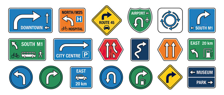 Collection of isolated traffic and directional road signs