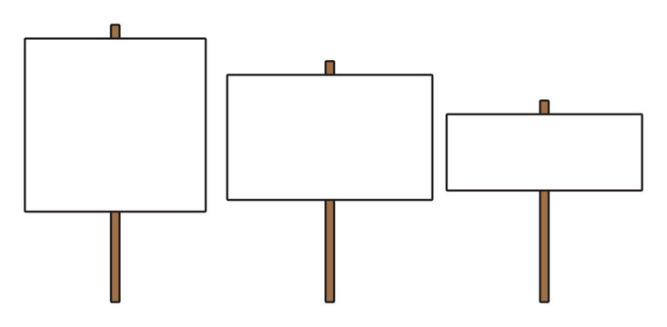 Blank protest signs on wooden sticks in three sizes. Empty white picket boards with black outline. Mockup template for banner, poster and text message
