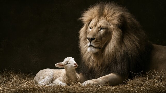 Nature teaches harmony between strength and vulnerability through a lion and a lamb's encounter in a dimly lit setting