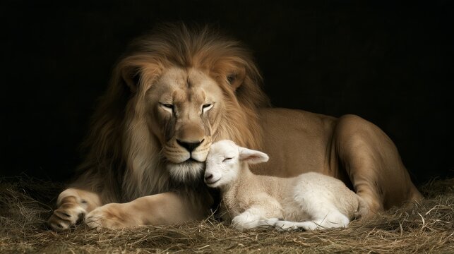 Nature teaches harmony between strength and vulnerability through a lion and a lamb's encounter in a quiet barn setting