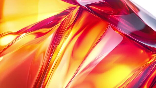 Abstract 3D animation of colored acrylic glass. The smooth movement of glossy folds in rich red, yellow, and cherry tones. Liquid caramel and a bright glare effect. Stylish background