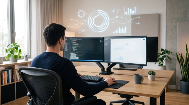 Male programmer working at dual monitor desk in modern home office, coding software, analyzing data charts, holographic interface graphics floating above screens, technology concept