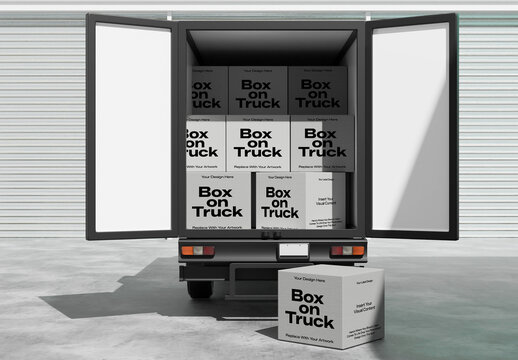 Package Box On Delivery Truck 3D Mockup