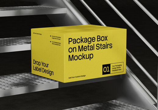 Package Box On Metal Stairs Mockup