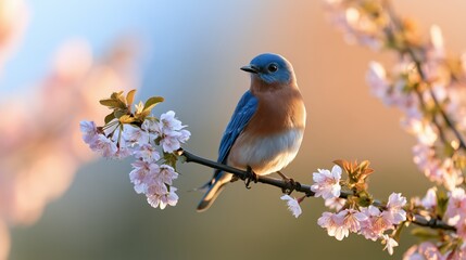 Fototapeta premium National Bluebird of Happiness Day: banner photograph of a bluebird perched on a blossoming branch against a soft blurred pastel sky, generous clean negative space on the right side