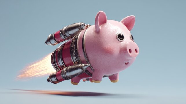 Pink Piggy Bank with Rocket Jetpack, Flying Savings Concept on Blue Background, Playful Finance Illustration