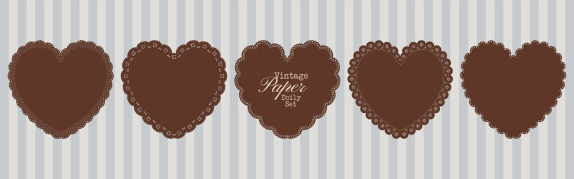 Whimsical paper heart lace doily frame set with scalloped and floral borders. Cottagecore romantic ornaments for wedding invitations, collage, elegant card. Vector botanical silhouettes.