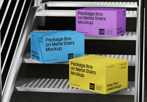 Package Box On Steel Staircase Mockup