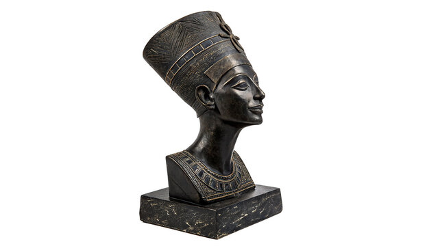 Historical black basalt bust statue sculpture of Egyptian queen Nefertiti isolated on transparent background
