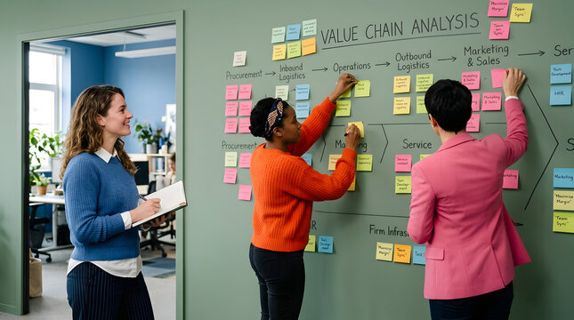 Strategic Planning Concept with Three Women Collaborating on a Value Chain Analysis on a transparent background