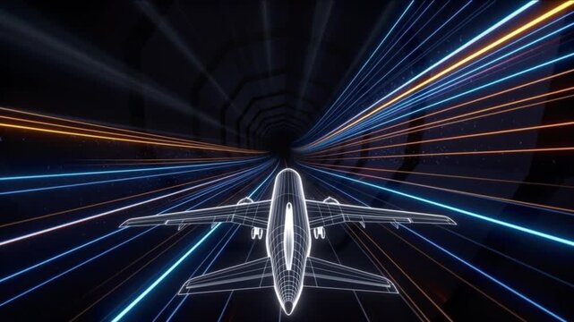 暗黒空間の滑走路を進むワイヤーフレームの旅客機シルエットと光のサイバー軌道