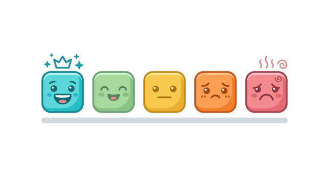 Five colorful square cube characters with varying expressions.