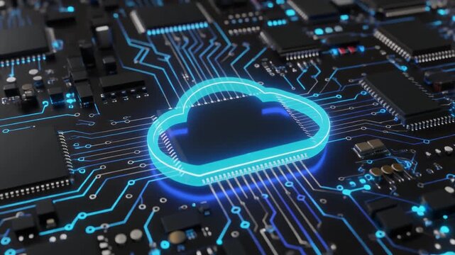 Cloud circuit glows with radiant clarity, radiating resilience, connectivity, and innovation; a vivid emblem of technology, data, and transformation within networks.