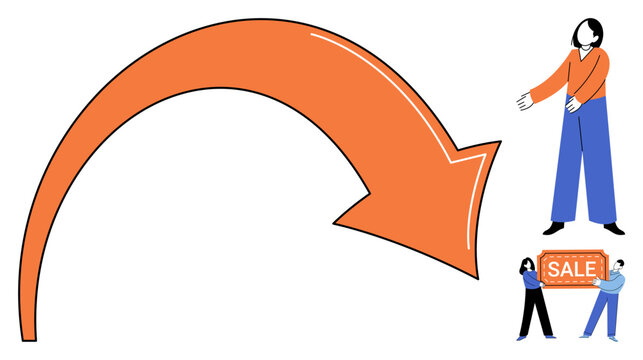 People pointing at a sale sign with a large curved arrow vector illustration. Marketing, retail, shopping, discount, promotion, consumerism. Customers gesturing toward a price reduction tag