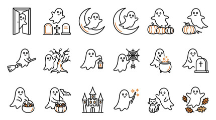 Obraz premium Halloween ghost scene outline featuring a cute ghost character, spooky pumpkins, bats, and a haunted house in a black and white line art vector style for coloring book activities.
