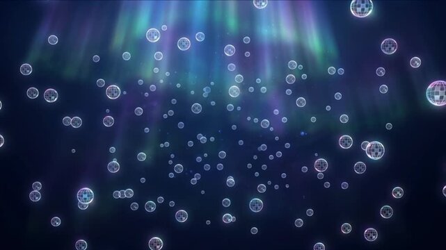 虹色に輝くミラーボールのアイコンが深海調の空間を漂う抽象CG背景