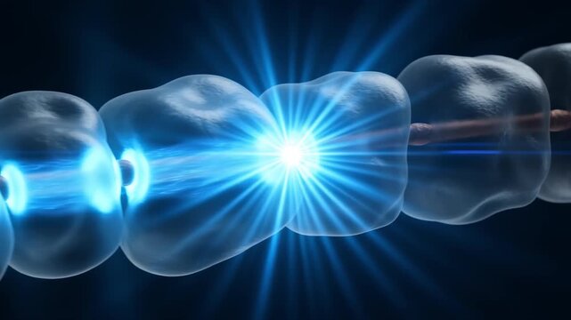 Action potential wave traveling along myelinated axon, nodes of Ranvier flashing in sequence, saltatory conduction visualization, electric blue glow, dark background