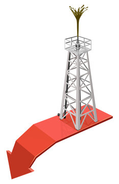 Isometric oil derrick on a declining red arrow symbolizing falling fuel prices, market crash, and energy crisis. (cut out)