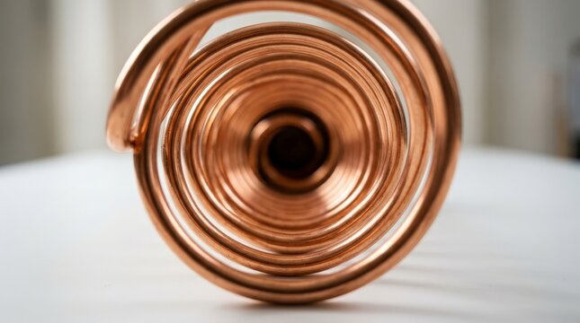 A striking close-up view of a tightly coiled copper wire scrap forming a mesmerizing geometric tunnel pattern that draws the eye directly into its dark center on a white surface