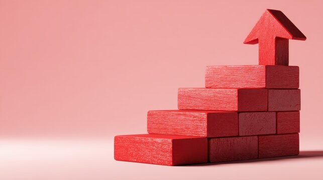 Minimal red arrow on stacked brick blocks, business growth concept, rising steps on pink background for strategy marketing