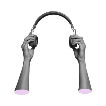 Two hands hold a pair of headphones. The background is transparent, highlighting the headphones and hands. This can be used for music or audio-related projects.