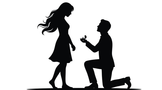 Silhouette of a man proposing to a woman on one knee against a white background