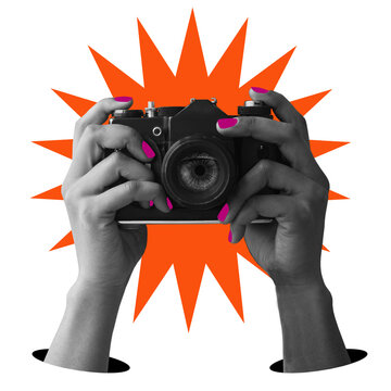 Two hands hold a camera firmly. The background features a starburst design in bright colors. This setup emphasizes the act of photography. The focus is on capturing moments.