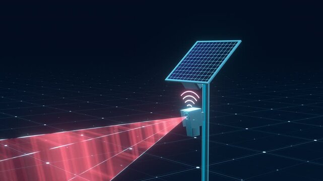 A digital holographic security camera with a solar panel, wireless signal, and a red camera frustum scanning a wireframe grid, ideal for a cybersecurity presentation backdrop.
