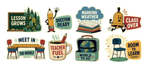 Fototapeta premium Retro school teacher sticker designs featuring cute educational cartoon characters and motivational classroom quotes for educators and students