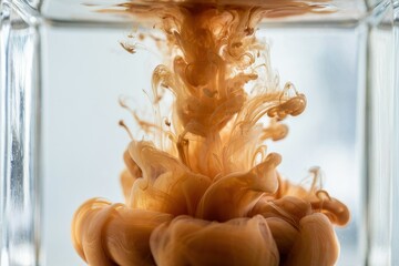Obraz premium Brown ink swirls gracefully inside clear water forming abstract smoke-like shapes. Artistic backdrop for creative design, liquid motion, and conceptual presentations.