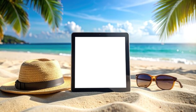 Tablet, Hat, and Sunglasses on a Tropical Beach with Ocean Background