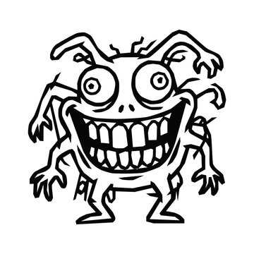 An eccentric hand drawn creature with oversized grinning mouth full of square teeth displaying chaotic humor for humorous cartoon art prints featuring wildly expressive faces and funny