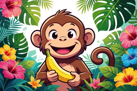 Cute cartoon monkey holds yellow banana in tropical jungle. Smiling primate character sits among green palm leaves, colorful hibiscus flowers. Bright colorful illustration for kids nursery decor baby