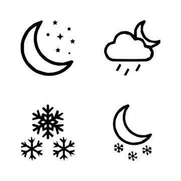 Black outline meteorological signs showcasing crescent moon and stars alongside rainy cloud plus delicate snowflakes designed for application in meteorology software interfaces and forecasting