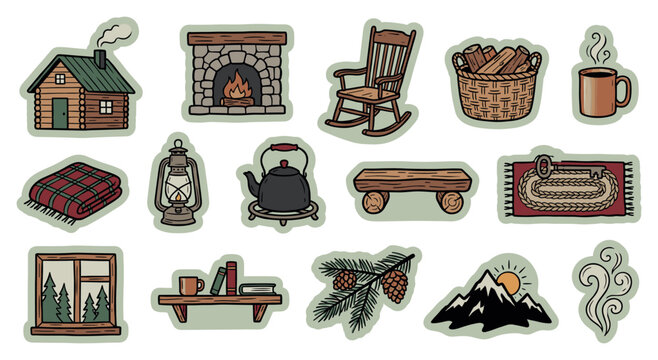 Cozy cabin life sticker set featuring rustic elements like a fireplace, rocking chair, lantern, wooden bench, and mountain landscape illustrations
