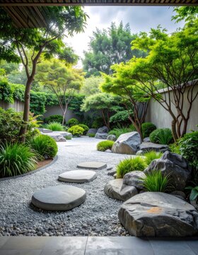 Tranquil Japanese garden with stepping stones and lush greenery.