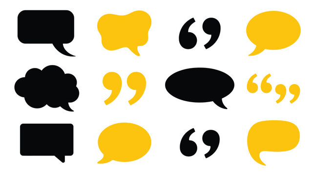 A comprehensive hand drawn icon set featuring various speech bubbles and quotation marks in black and yellow color scheme designs