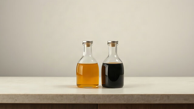 Glass cruets with oil and vinegar on stone counter, kitchen essentials