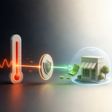 Heatwave parametric insurance concept shows Thermometer energy is converted through security into money powering a small business.