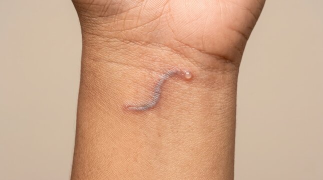 Cutaneous larva migrans parasitic skin infection on the wrist of a patient, showing a linear creeping eruption.
