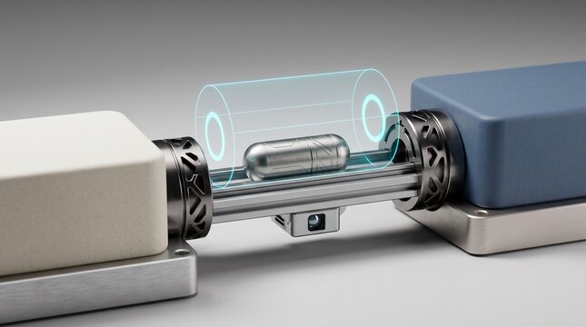 Futuristic prototype capsule on a linear rail system with glowing holographic cylinder projection in a modern technology laboratory