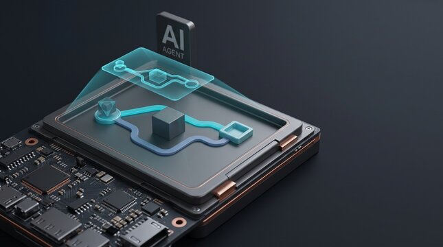 Futuristic AI agent processor chip on circuit board displaying holographic data flow and algorithm schematic with copy space on dark background