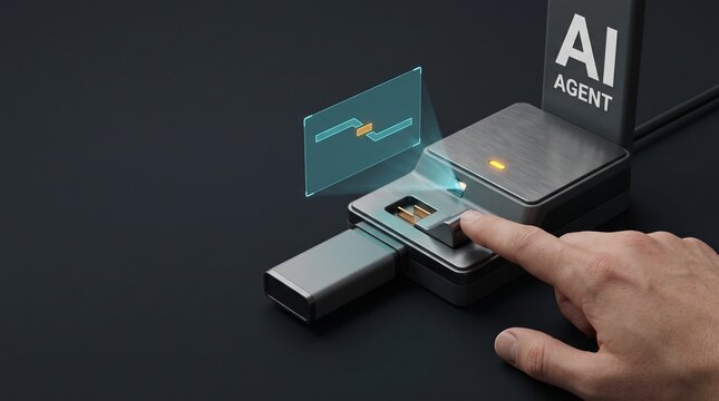 Human hand toggling switch on futuristic AI agent hardware device projecting holographic schematic interface on dark desk with copy space
